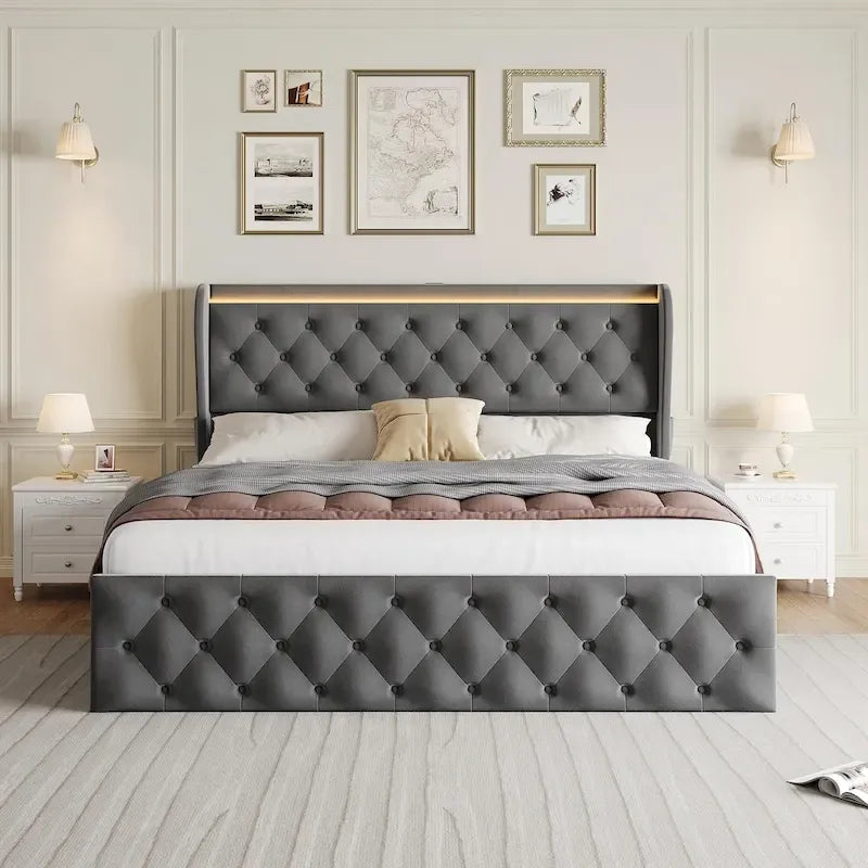 Velvet Upholstered Bed Frame with Wingback Headboard, 4 Storage Drawers, LED Lighting, USB Charging