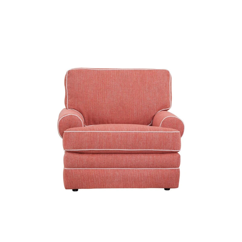 Coastal Round Accent Chair, Coral Linen-Look Fabric, Reversible Cushions, Living Room