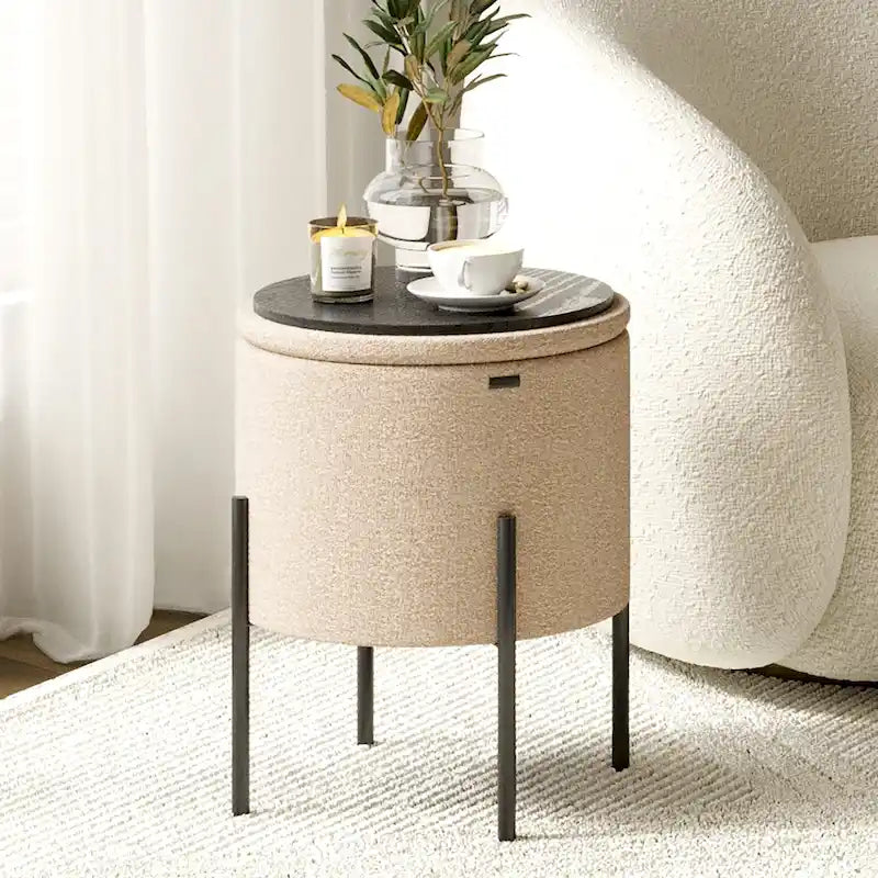 Round Boucle Storage Ottoman with Dual-Sided Lid, Iron Legs, 330 lbs Capacity, 17H x 13D in