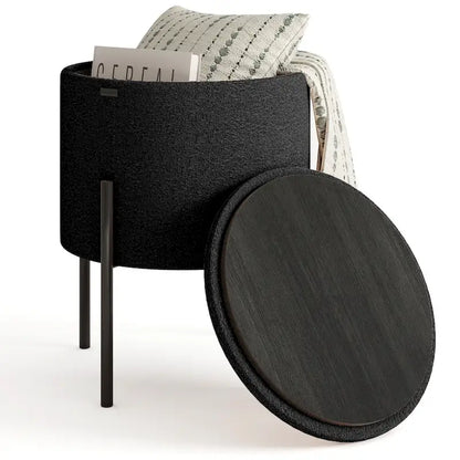 Round Boucle Storage Ottoman with Dual-Sided Lid, Iron Legs, 330 lbs Capacity, 17H x 13D in