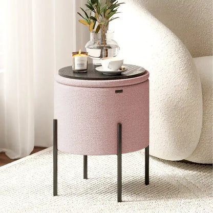 Round Boucle Storage Ottoman with Dual-Sided Lid, Iron Legs, 330 lbs Capacity, 17H x 13D in