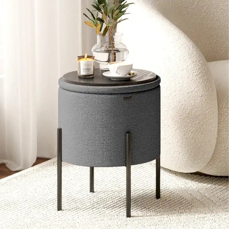 Round Ottoman with Hidden Storage, Upholstered Footrest & Accent Seat for Living Room or Bedroom