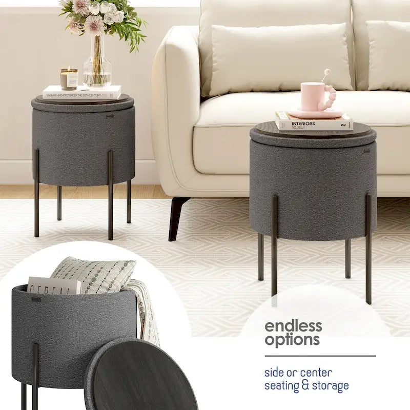 Round Ottoman with Hidden Storage, Upholstered Footrest & Accent Seat for Living Room or Bedroom