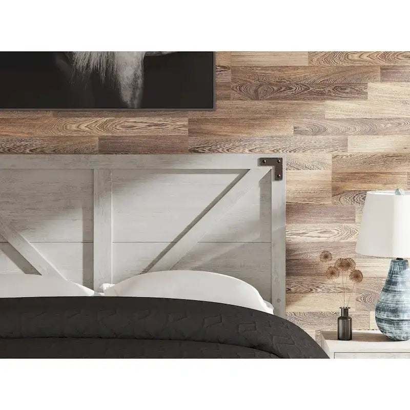 Gray Crossbuck Panel Headboard, Wire-Brushed Wood Finish, Farmhouse Style, Fits Queen Bed Frame