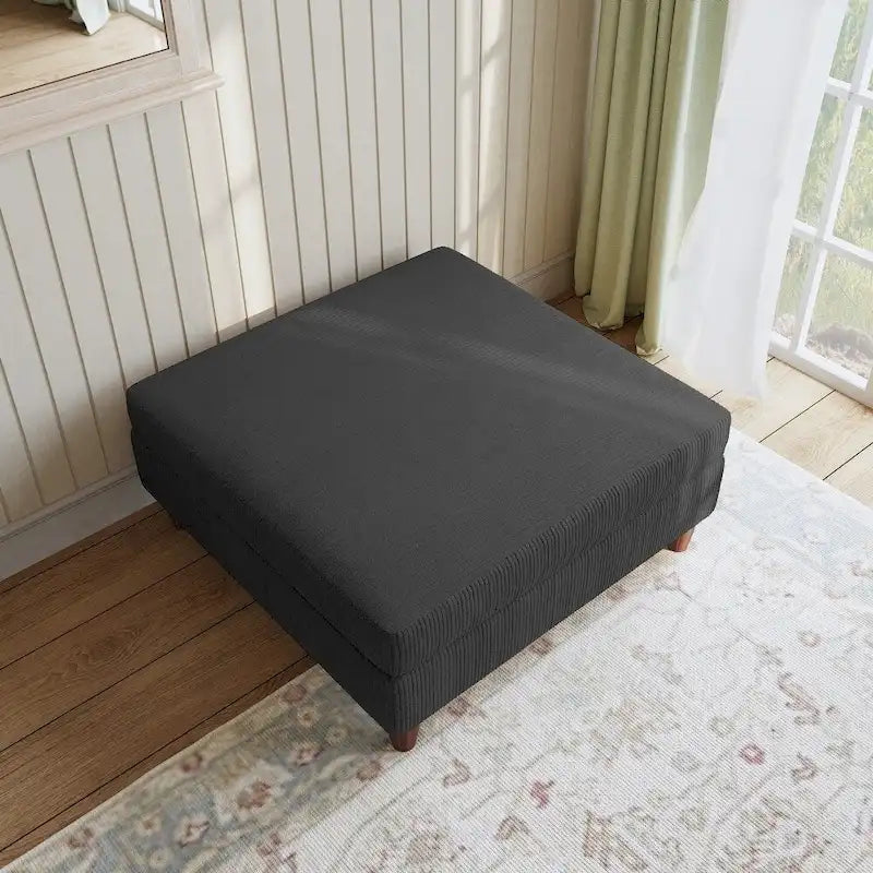 Modern Square Corduroy Upholstered Ottoman With Wood Leg