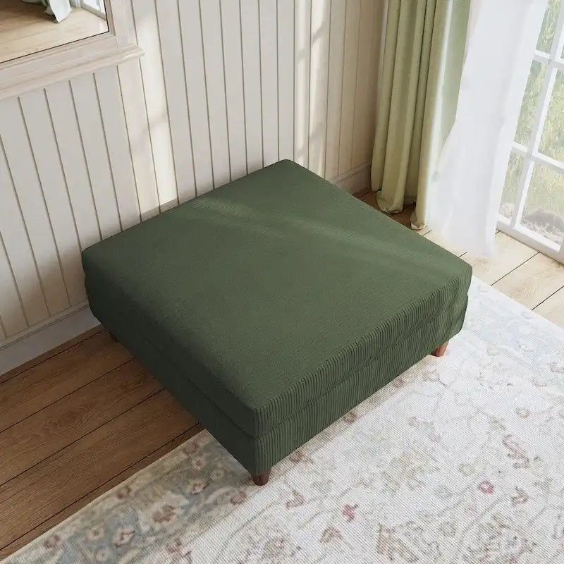 Modern Square Corduroy Upholstered Ottoman With Wood Leg