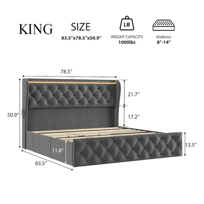 Velvet Upholstered Bed Frame with Wingback Headboard, 4 Storage Drawers, LED Lighting, USB Charging
