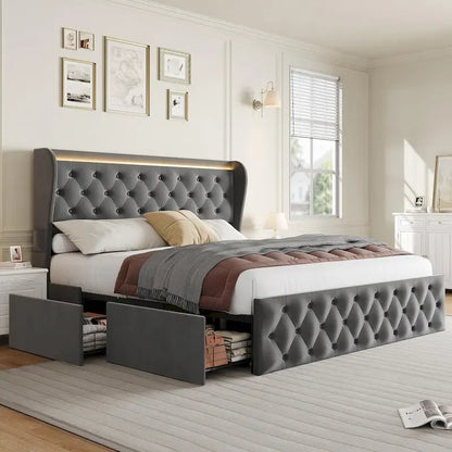 Velvet Upholstered Bed Frame with Wingback Headboard, 4 Storage Drawers, LED Lighting, USB Charging