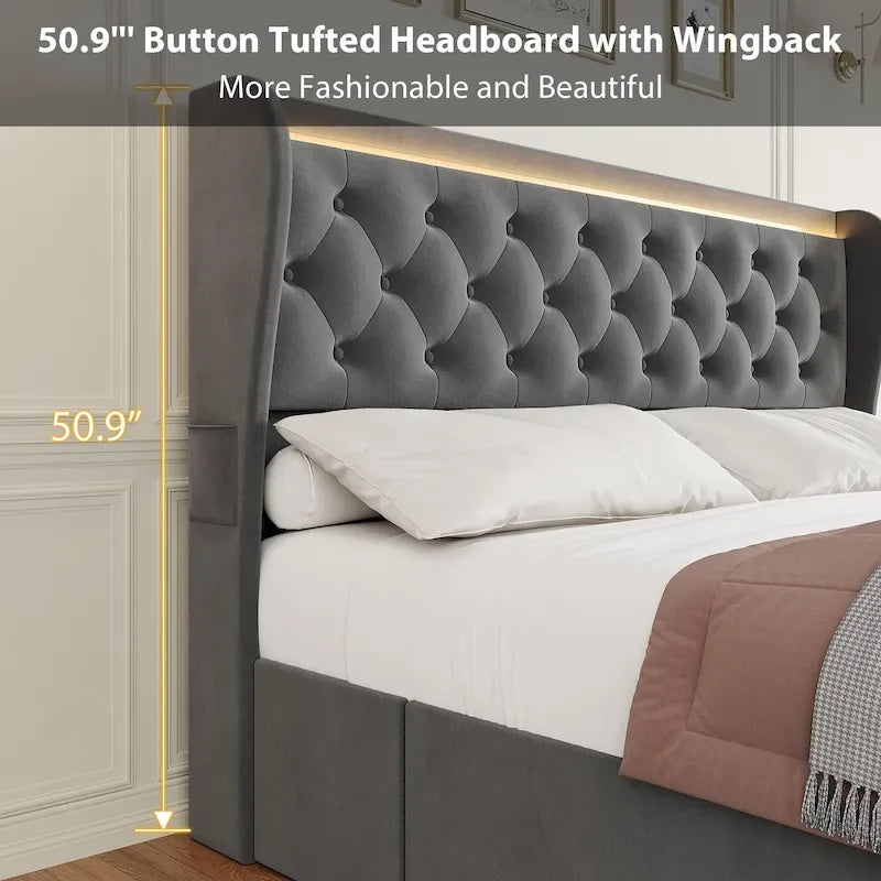 Velvet Upholstered Bed Frame with Wingback Headboard, 4 Storage Drawers, LED Lighting, USB Charging