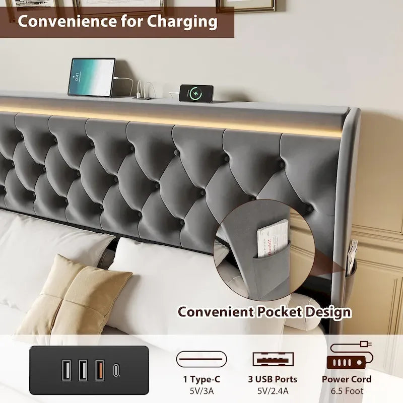 Velvet Upholstered Bed Frame with Wingback Headboard, 4 Storage Drawers, LED Lighting, USB Charging