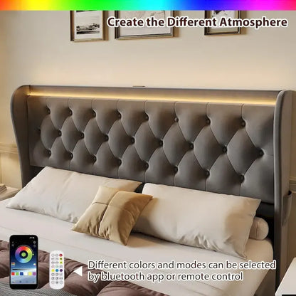Velvet Upholstered Bed Frame with Wingback Headboard, 4 Storage Drawers, LED Lighting, USB Charging