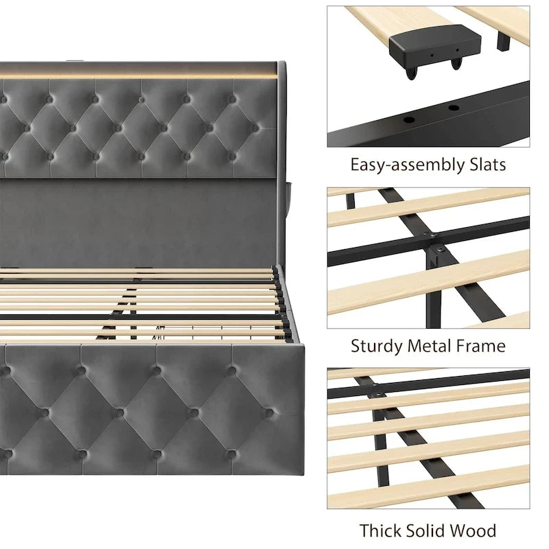 Velvet Upholstered Bed Frame with Wingback Headboard, 4 Storage Drawers, LED Lighting, USB Charging