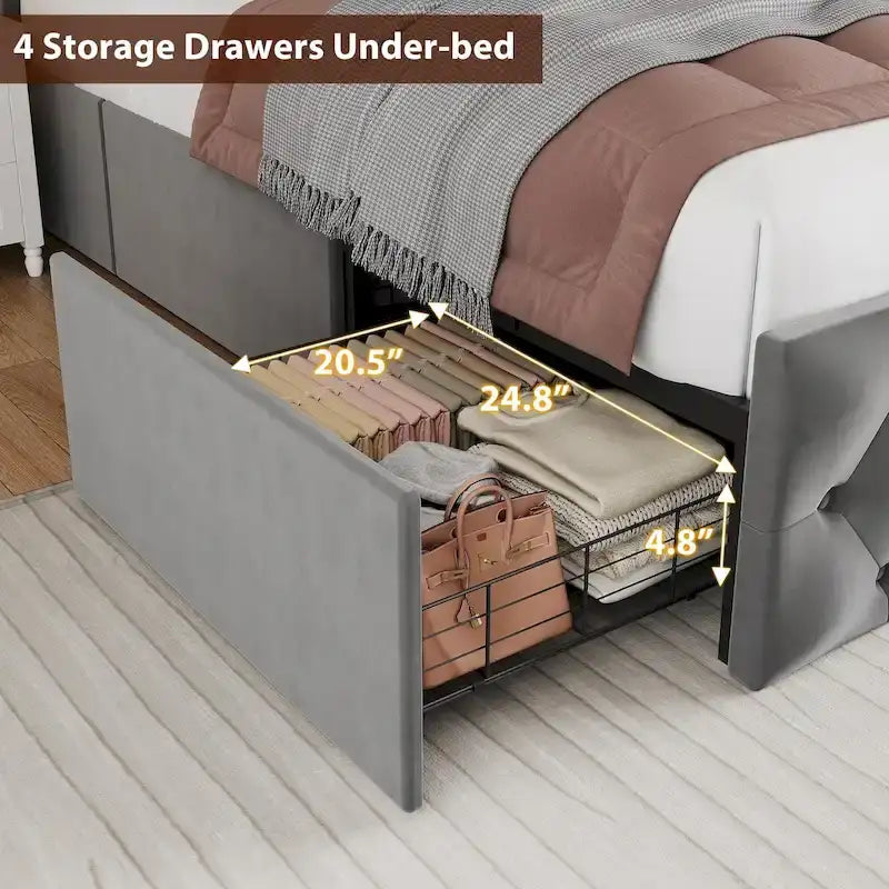 Velvet Upholstered Bed Frame with Wingback Headboard, 4 Storage Drawers, LED Lighting, USB Charging