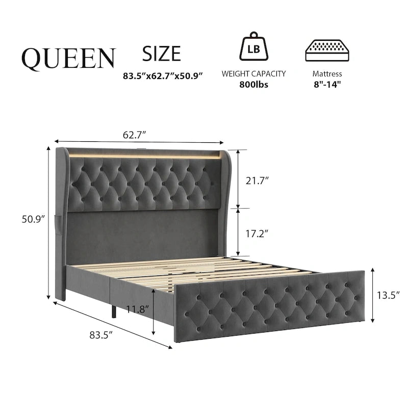 Velvet Upholstered Bed Frame with Wingback Headboard, 4 Storage Drawers, LED Lighting, USB Charging