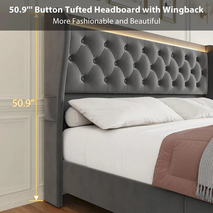 Velvet Upholstered Bed Frame with Wingback Headboard, 4 Storage Drawers, LED Lighting, USB Charging