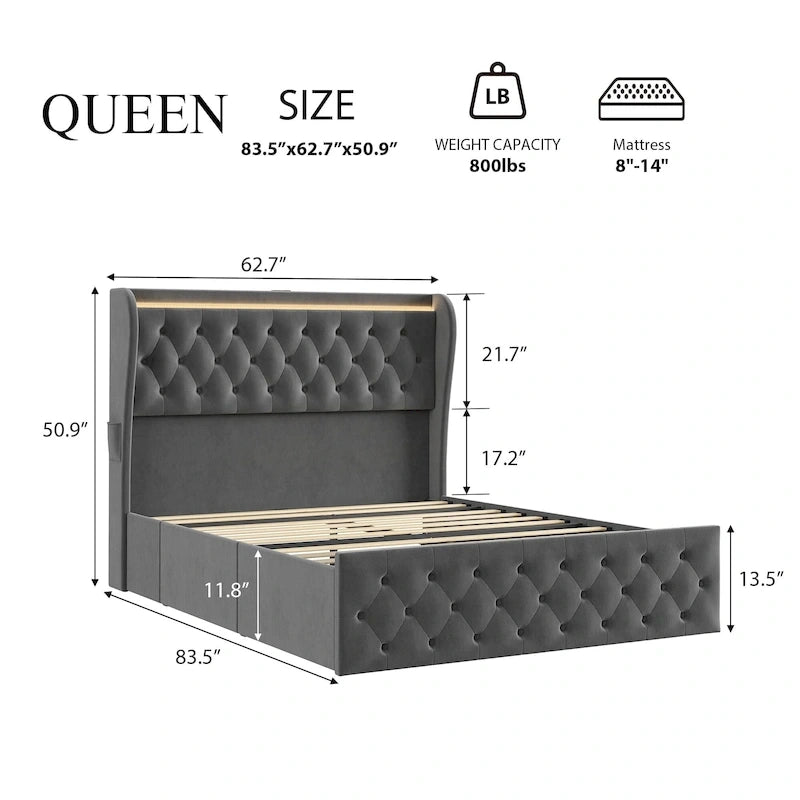 Velvet Upholstered Bed Frame with Wingback Headboard, 4 Storage Drawers, LED Lighting, USB Charging