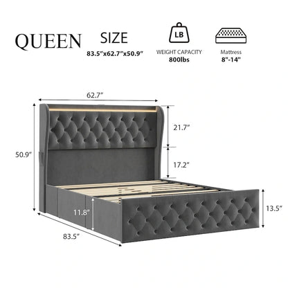 Velvet Upholstered Bed Frame with Wingback Headboard, 4 Storage Drawers, LED Lighting, USB Charging
