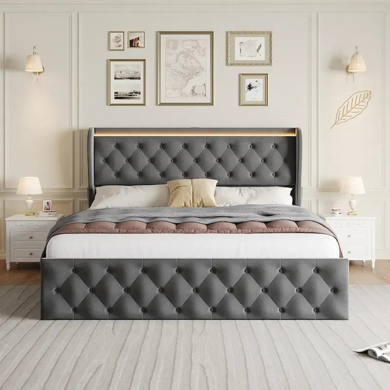 Velvet Upholstered Bed Frame with Wingback Headboard, 4 Storage Drawers, LED Lighting, USB Charging