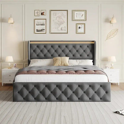 Velvet Upholstered Bed Frame with Wingback Headboard, 4 Storage Drawers, LED Lighting, USB Charging