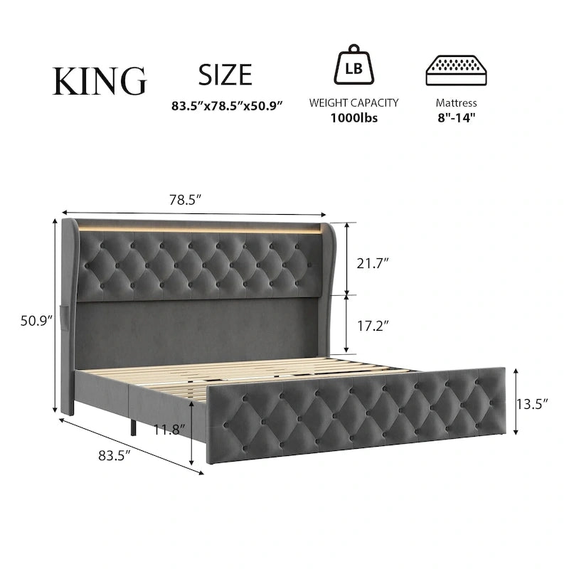 Velvet Upholstered Bed Frame with Wingback Headboard, 4 Storage Drawers, LED Lighting, USB Charging