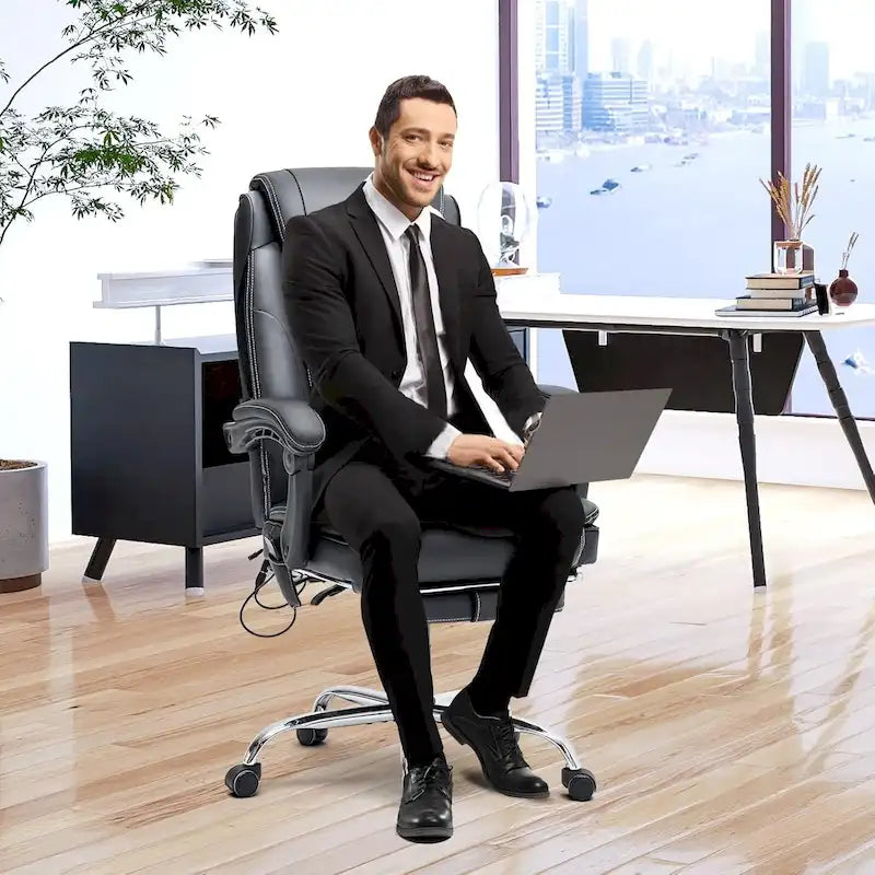 Ergonomic Heated Executive Office Chair, 2/4/6-Point Massage, Retractable Footrest, PU Leather