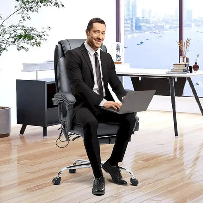 Ergonomic Heated Executive Office Chair, 2/4/6-Point Massage, Retractable Footrest, PU Leather