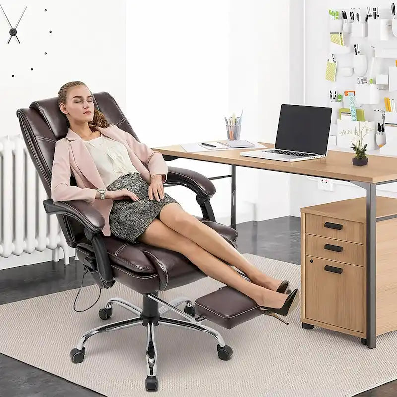 Ergonomic Heated Executive Office Chair, 2/4/6-Point Massage, Retractable Footrest, PU Leather