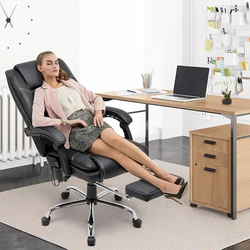Ergonomic Heated Executive Office Chair, 2/4/6-Point Massage, Retractable Footrest, PU Leather