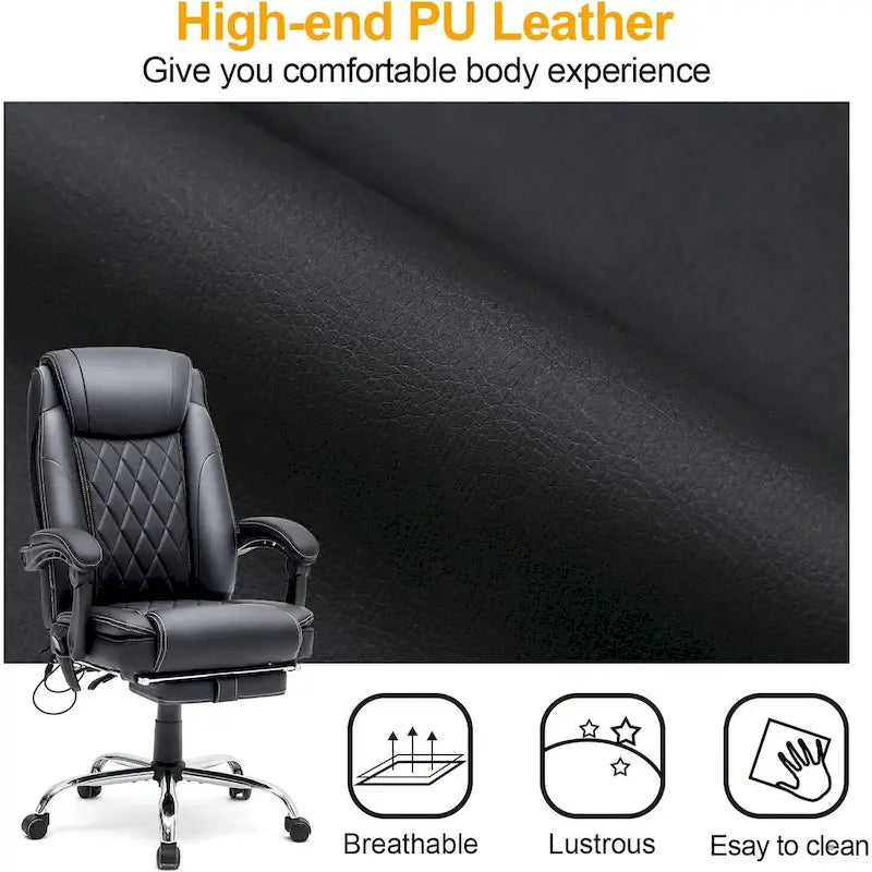 Ergonomic Heated Executive Office Chair, 2/4/6-Point Massage, Retractable Footrest, PU Leather