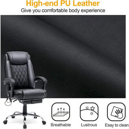 Ergonomic Heated Executive Office Chair, 2/4/6-Point Massage, Retractable Footrest, PU Leather