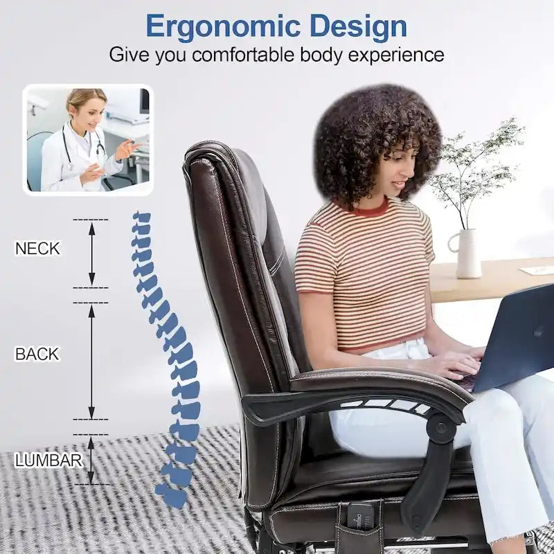 Ergonomic Heated Executive Office Chair, 2/4/6-Point Massage, Retractable Footrest, PU Leather
