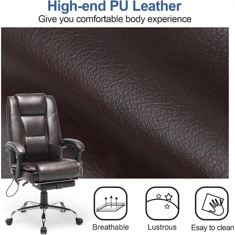 Ergonomic Heated Executive Office Chair, 2/4/6-Point Massage, Retractable Footrest, PU Leather