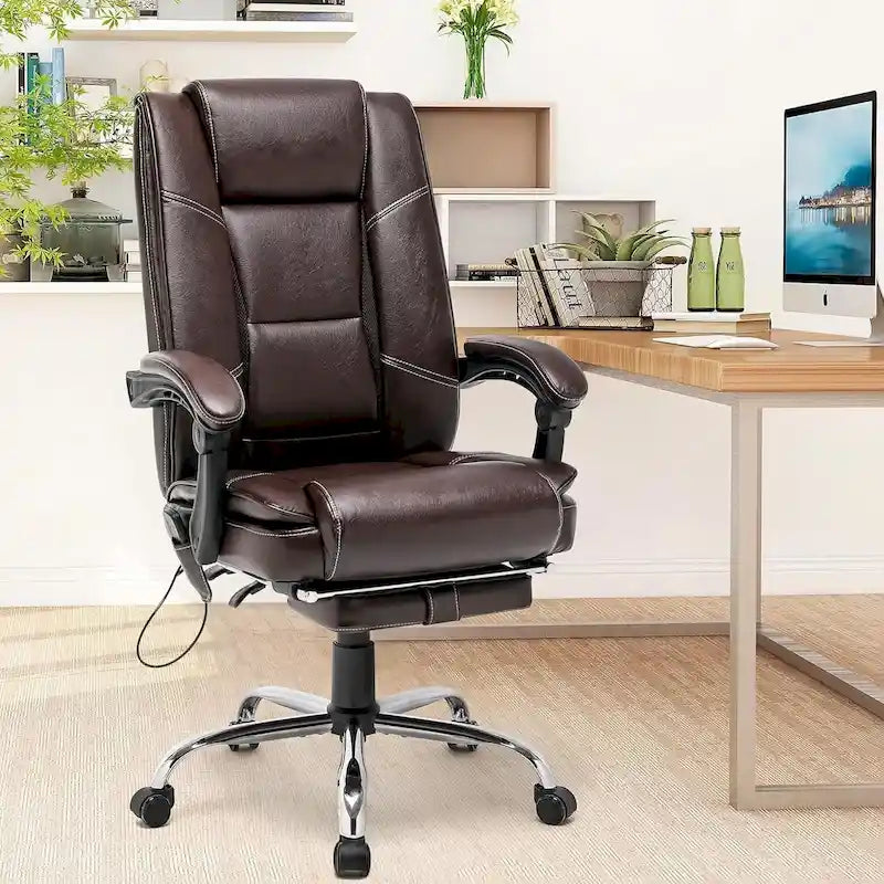 Ergonomic Heated Executive Office Chair, 2/4/6-Point Massage, Retractable Footrest, PU Leather