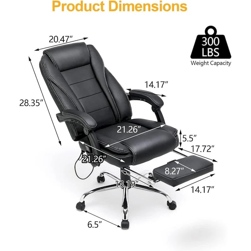 Ergonomic Heated Executive Office Chair, 2/4/6-Point Massage, Retractable Footrest, PU Leather