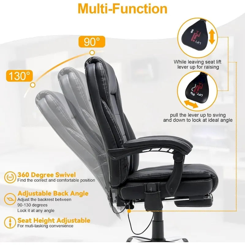 Ergonomic Heated Executive Office Chair, 2/4/6-Point Massage, Retractable Footrest, PU Leather