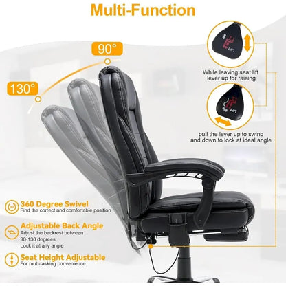 Ergonomic Heated Executive Office Chair, 2/4/6-Point Massage, Retractable Footrest, PU Leather