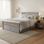 Grey Queen Platform Bed in Natural Pine with Drawers and Wooden Headboard