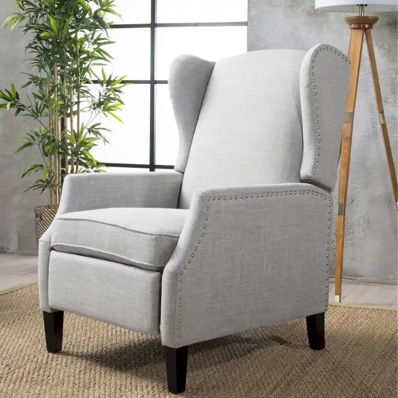 Wingback Push-Back Recliner Club Chair, Polyester Fabric, Nailhead Trim, Birch Wood Legs, Multiple Colors