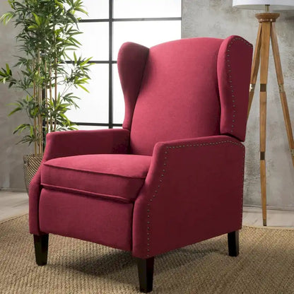 Wingback Push-Back Recliner Club Chair, Polyester Fabric, Nailhead Trim, Birch Wood Legs, Multiple Colors