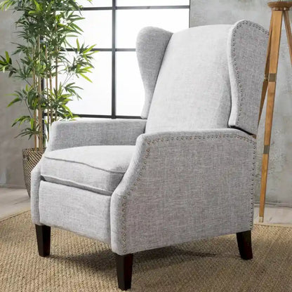 Wingback Push-Back Recliner Club Chair, Polyester Fabric, Nailhead Trim, Birch Wood Legs, Multiple Colors