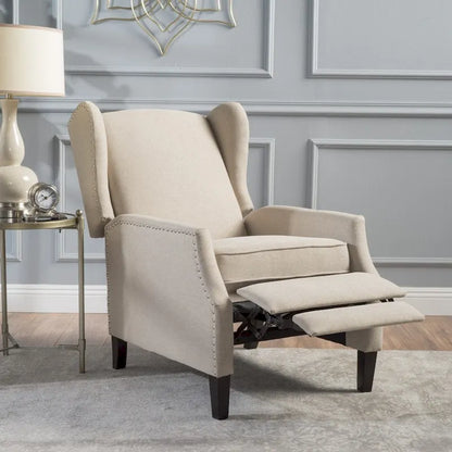 Wingback Push-Back Recliner Club Chair, Polyester Fabric, Nailhead Trim, Birch Wood Legs, Multiple Colors