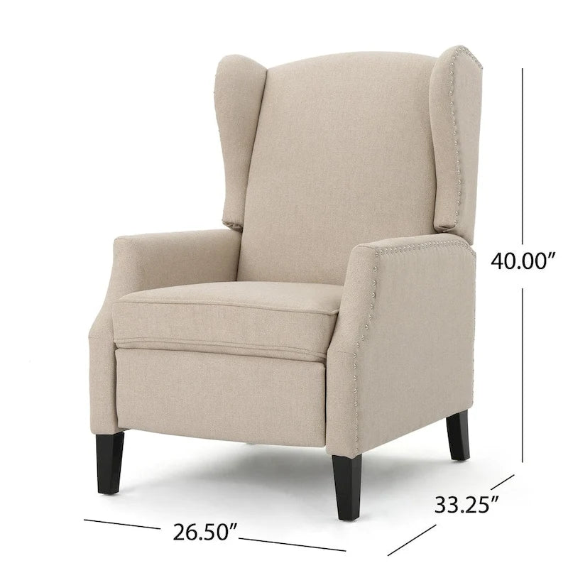 Wingback Push-Back Recliner Club Chair, Polyester Fabric, Nailhead Trim, Birch Wood Legs, Multiple Colors