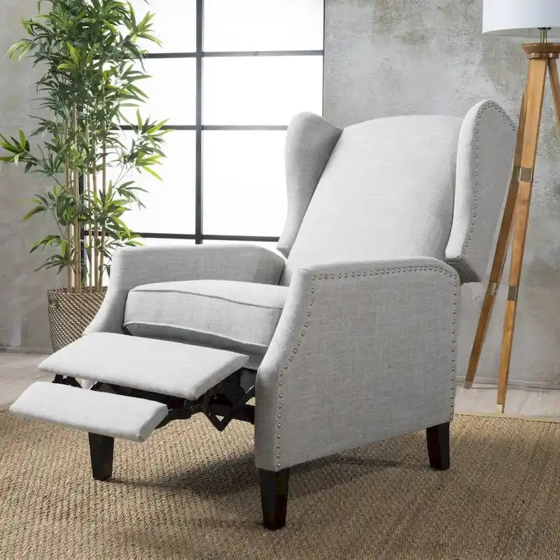 Wingback Push-Back Recliner Club Chair, Polyester Fabric, Nailhead Trim, Birch Wood Legs, Multiple Colors