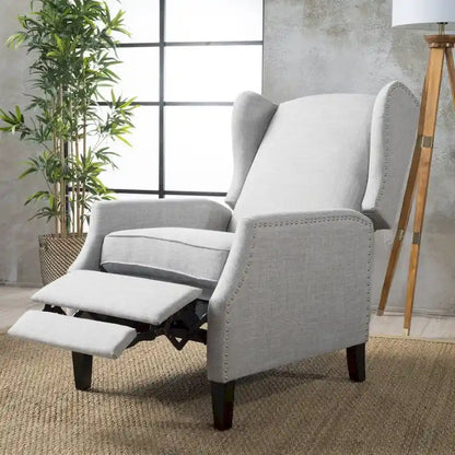 Wingback Push-Back Recliner Club Chair, Polyester Fabric, Nailhead Trim, Birch Wood Legs, Multiple Colors
