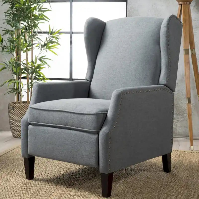 Wingback Push-Back Recliner Club Chair, Polyester Fabric, Nailhead Trim, Birch Wood Legs, Multiple Colors