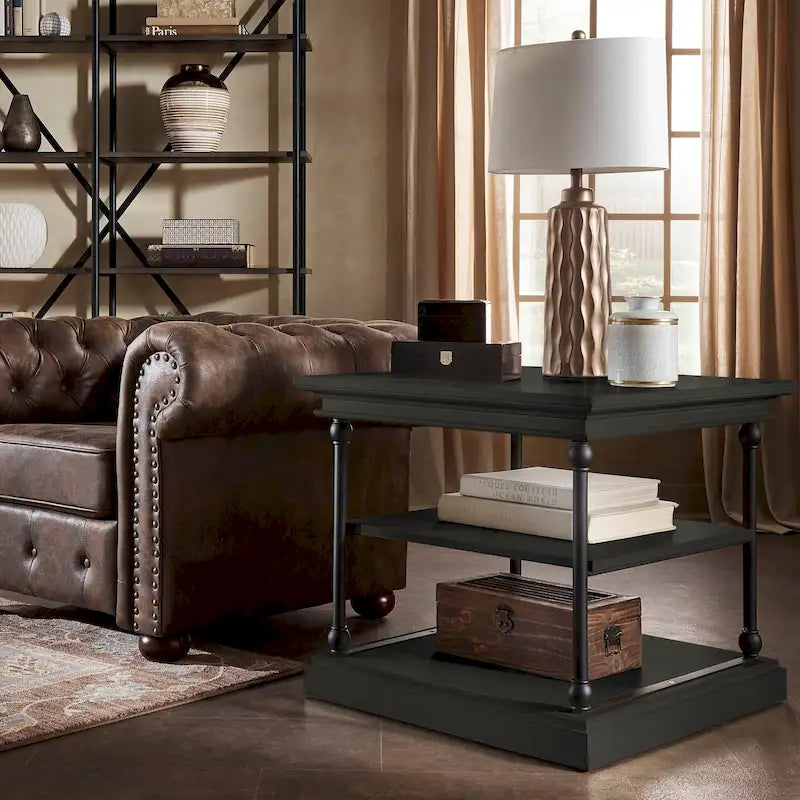 Cornice Accent Storage Side Table, Open Shelving, Black Metal Frame