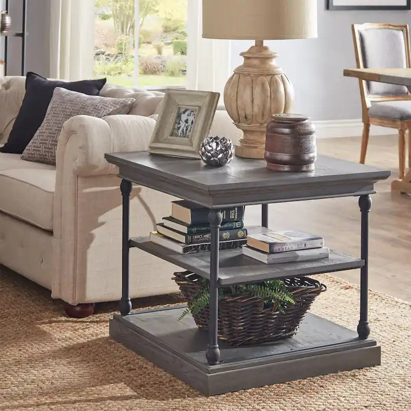 Cornice Accent Storage Side Table, Open Shelving, Black Metal Frame