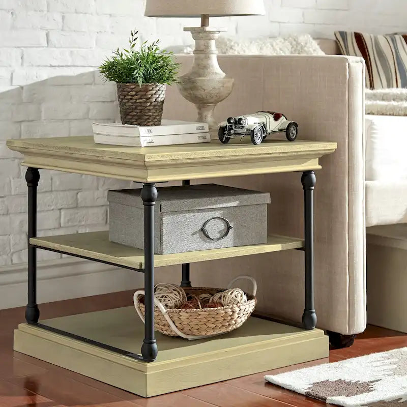 Cornice Accent Storage Side Table, Open Shelving, Black Metal Frame