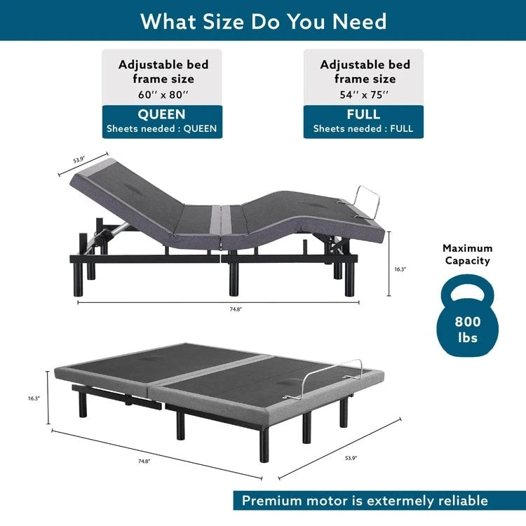 Adjustable Pain-Relieving Bed Frame Base, Electric with 3 Speed Head & Foot Incline Massage, Wireless Remote, USB Ports Charger