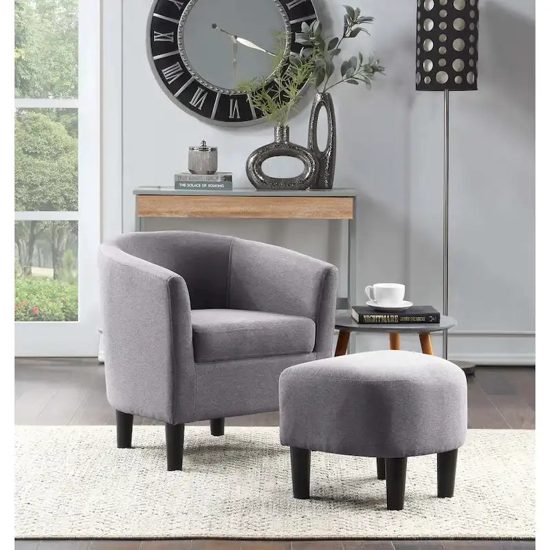 Barrel Accent Chair with Ottoman, High-Density Foam, Rubberwood Legs, Living Room Set